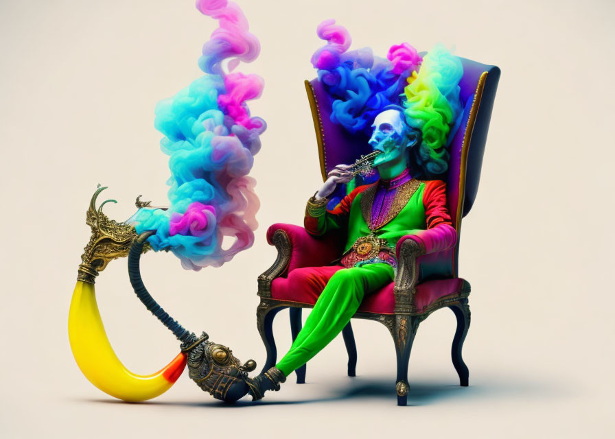 Colorful Artwork: Skeletal Figure Smoking Hookah on Chair