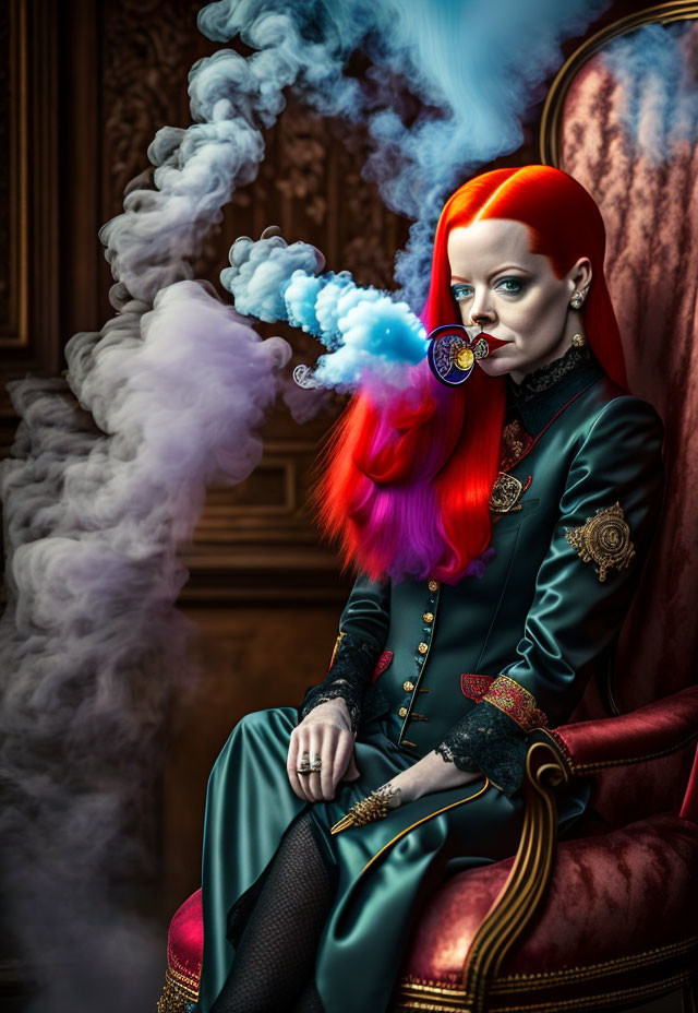 Red-Haired Woman Exhales Smoke in Vintage Chair