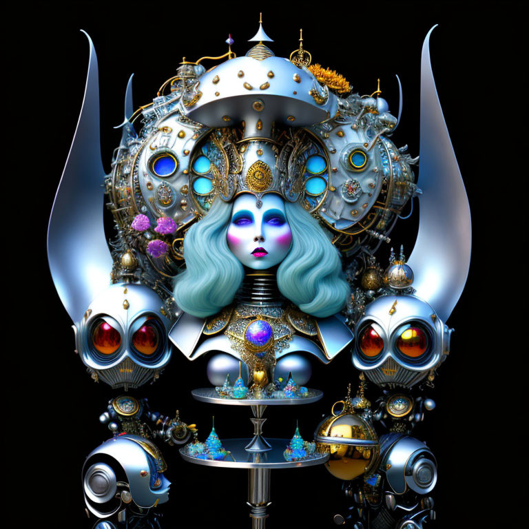 Intricate futuristic robotic figure with blue face and headdress on dark background