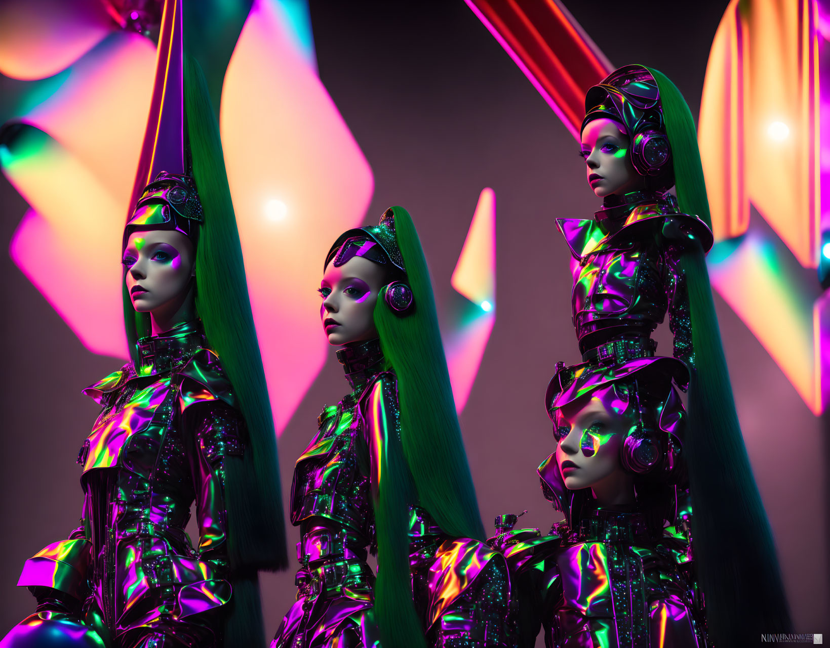 Futuristic female mannequins in metallic outfits under neon lights