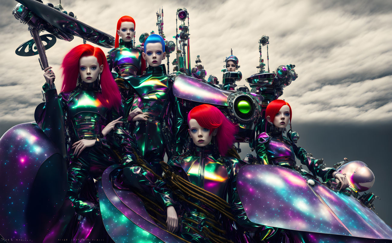 Five Figures with Red Hair in Futuristic Clothing Pose with Advanced Machinery Against Cloudy Sky