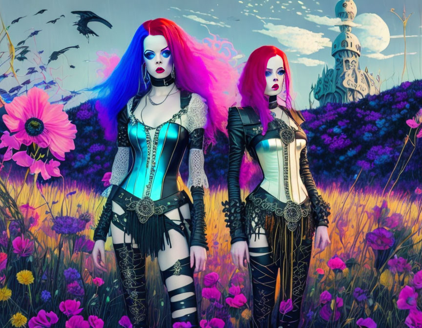 Two Women in Gothic Outfits with Vibrant Hair in Surreal Fantasy Setting