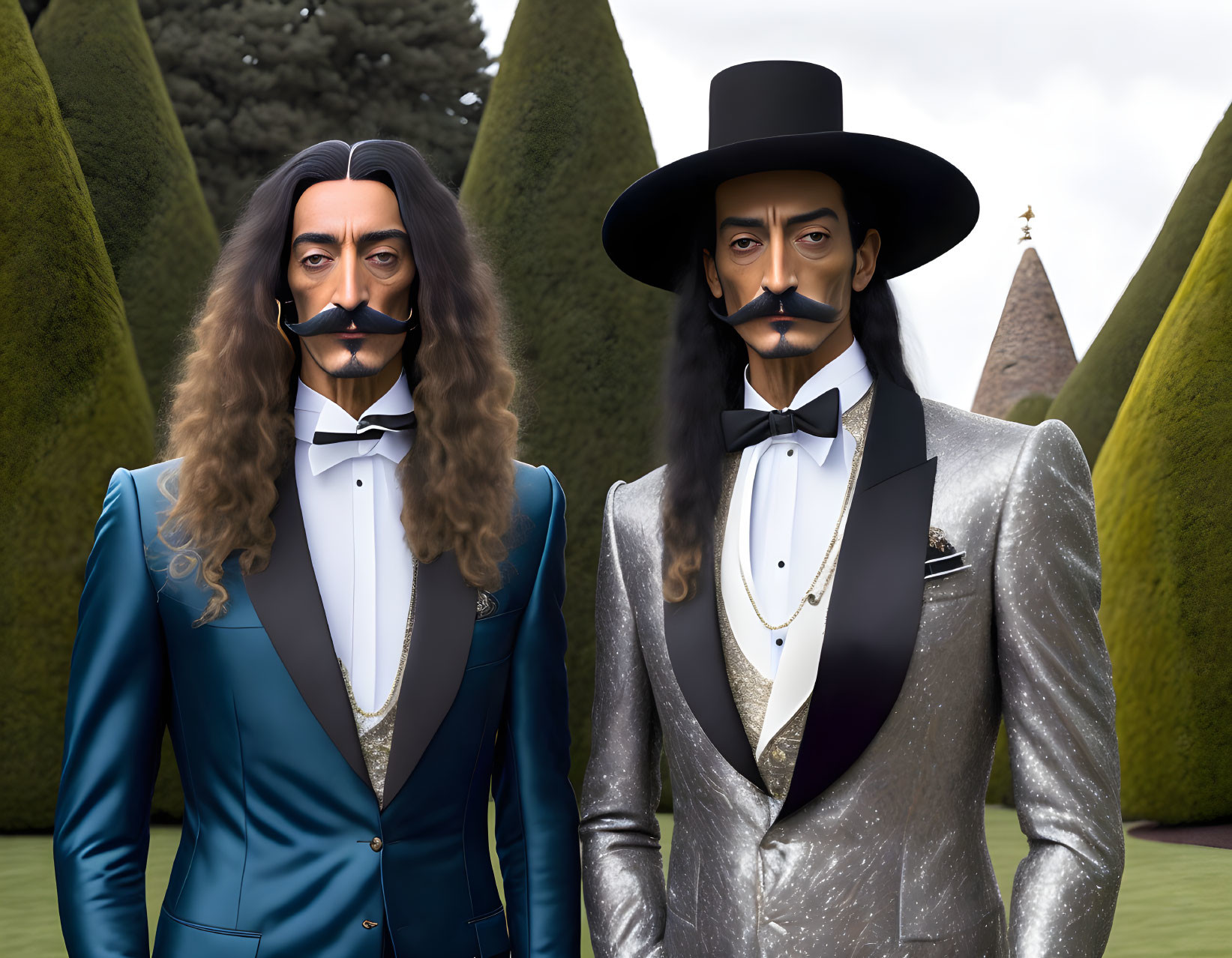 Stylized male figures in elegant suits with exaggerated facial hair in front of manicured hedges