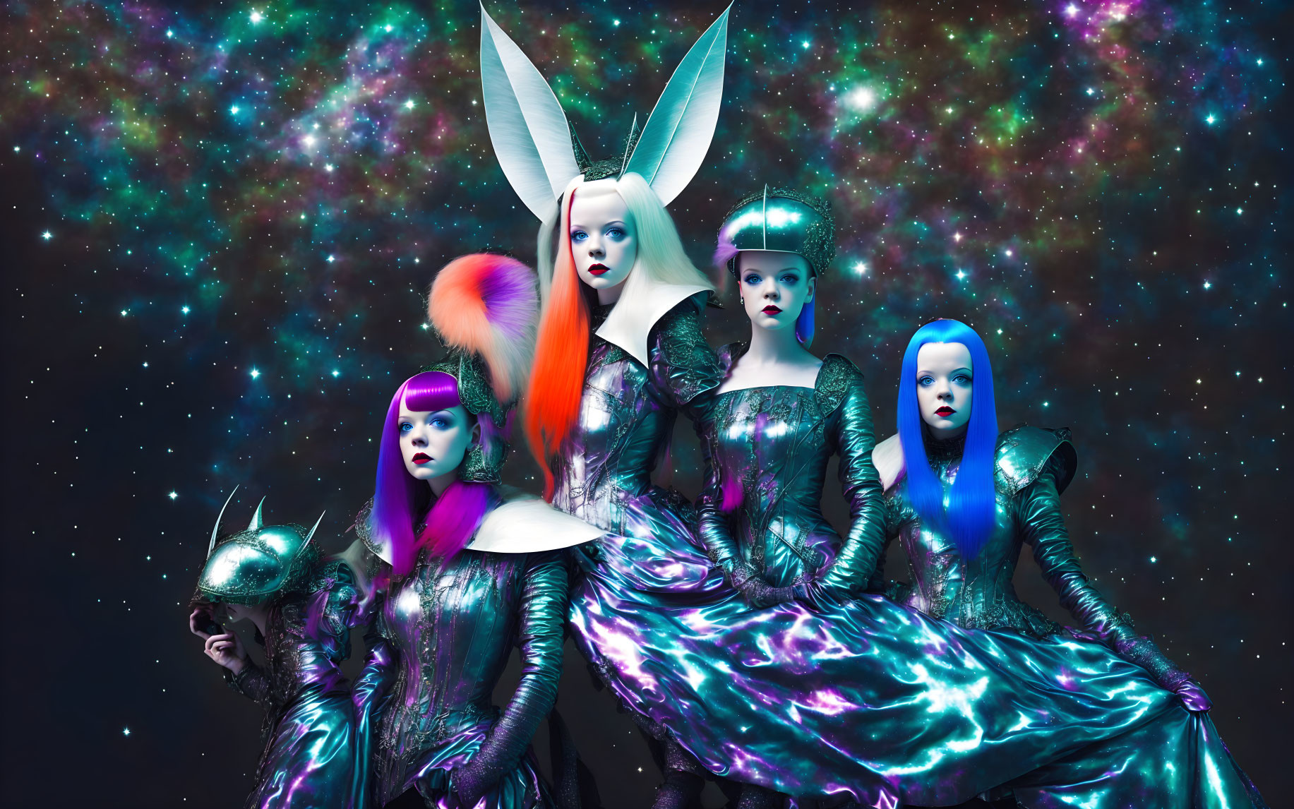 Four models in avant-garde makeup and outfits against galaxy backdrop