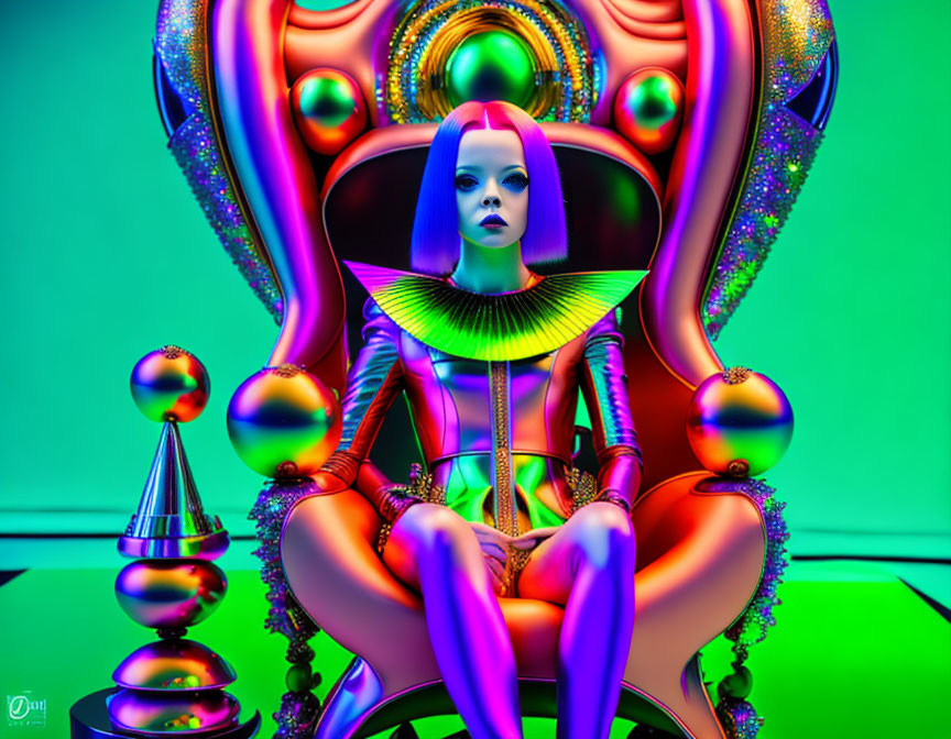 Female figure with purple hair in neon-lit room surrounded by spheres