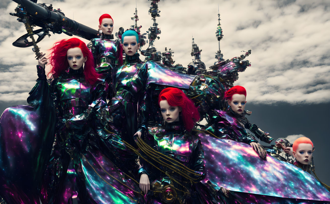 Surreal image: Figures with robotic features, vibrant hair, galaxy-themed clothing under cloudy sky