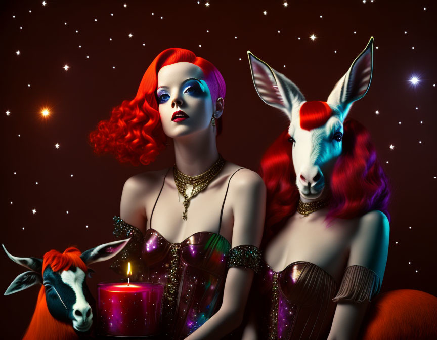Surreal image: Red-haired woman, goats, starry backdrop