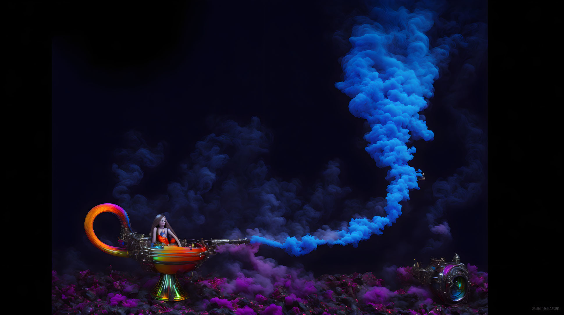 Person playing colorful French horn emitting blue smoke in surreal scene.