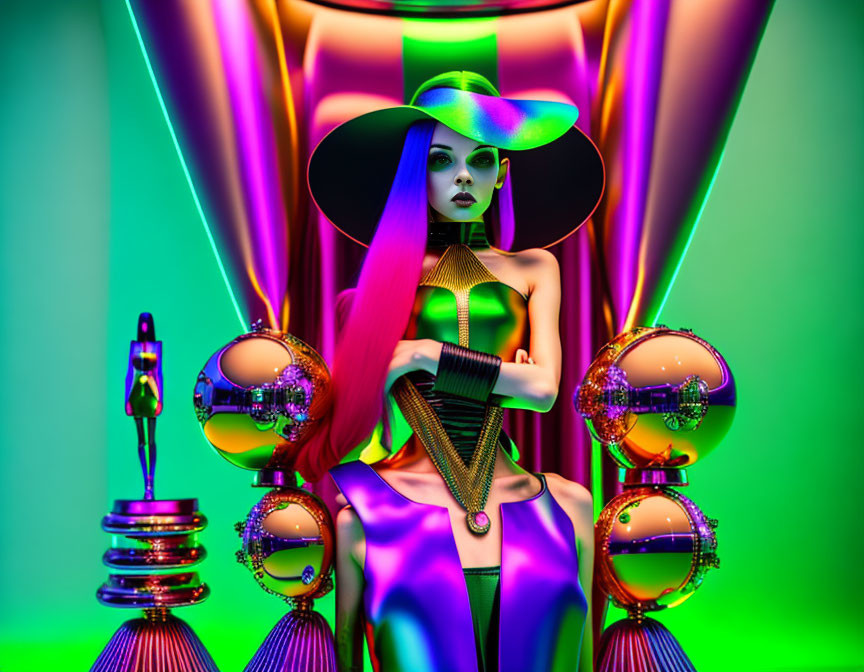 Vibrant futuristic fashion scene with female model in wide-brimmed hat