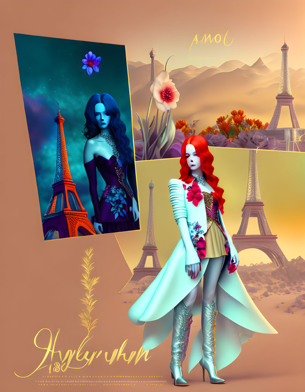 Stylized women with Eiffel Tower backdrop and floral elements in artistic composition