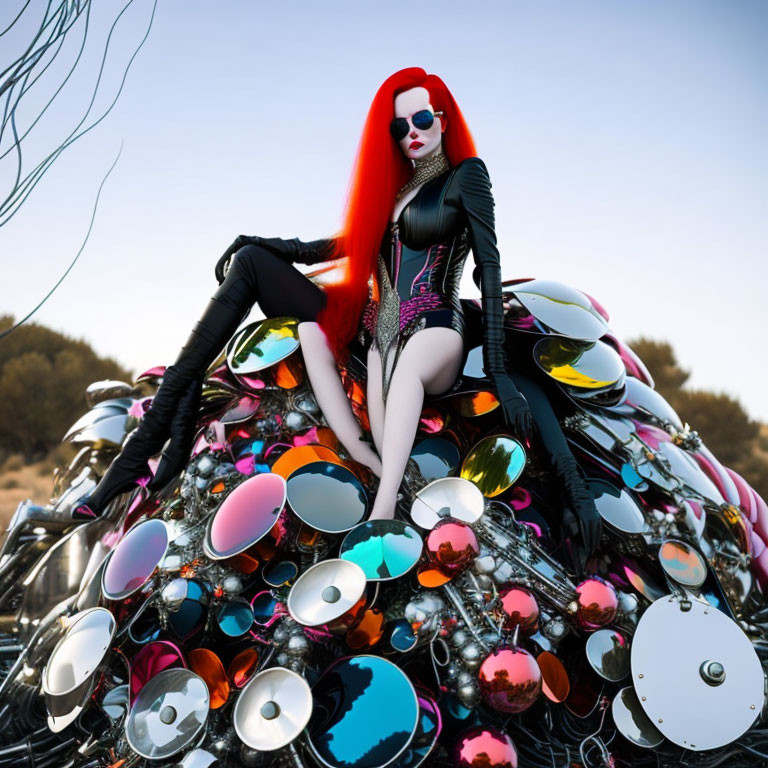 Vibrant red-haired woman on spherical sculpture with reflective discs