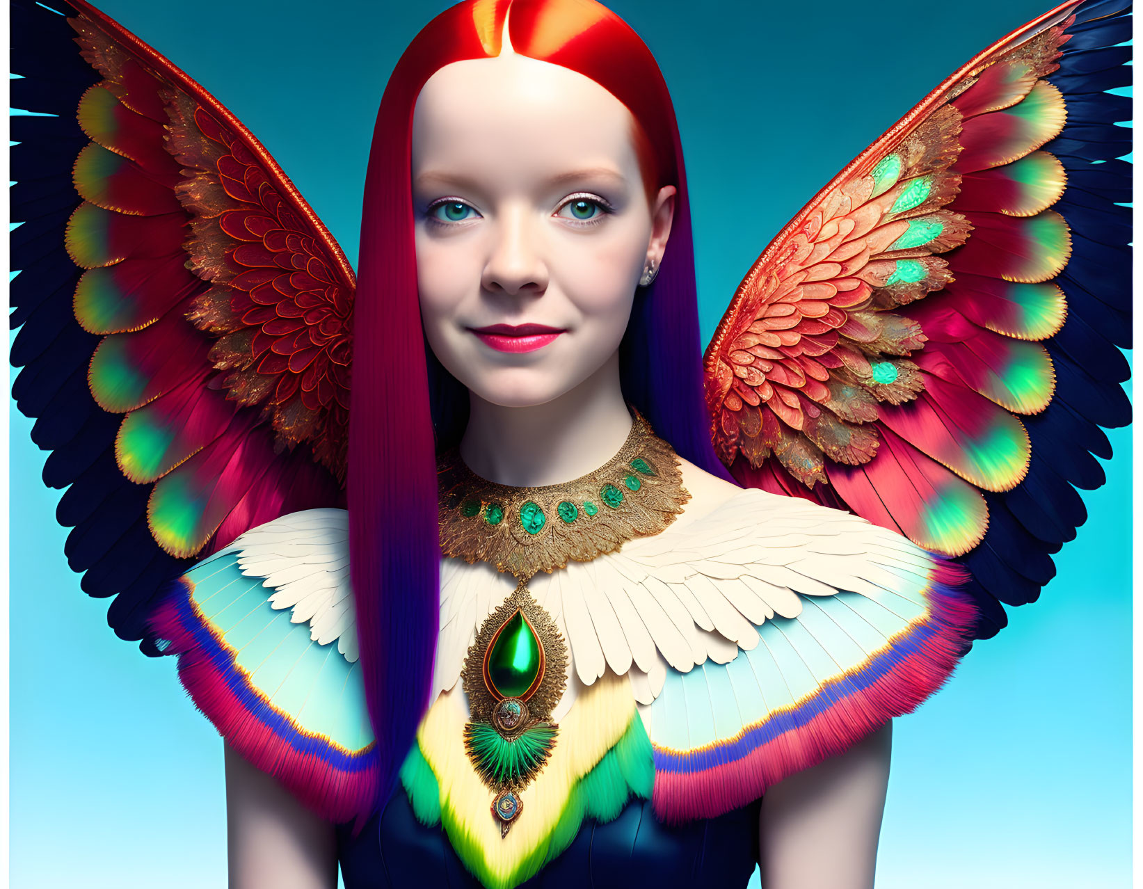 Colorful Winged Figure with Decorative Neckpiece on Blue Background