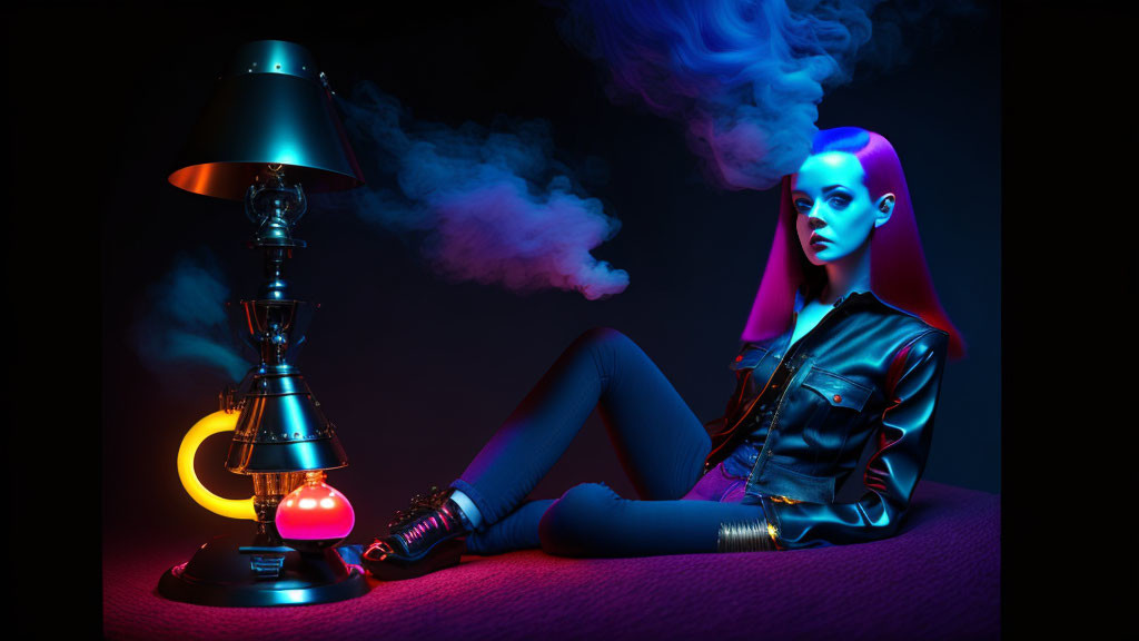 Futuristic woman sitting with lamp and smoke device in neon lighting