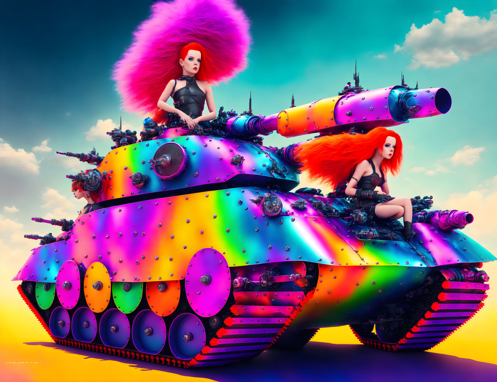 Colorful psychedelic tank with two women and vibrant hair against gradient sky