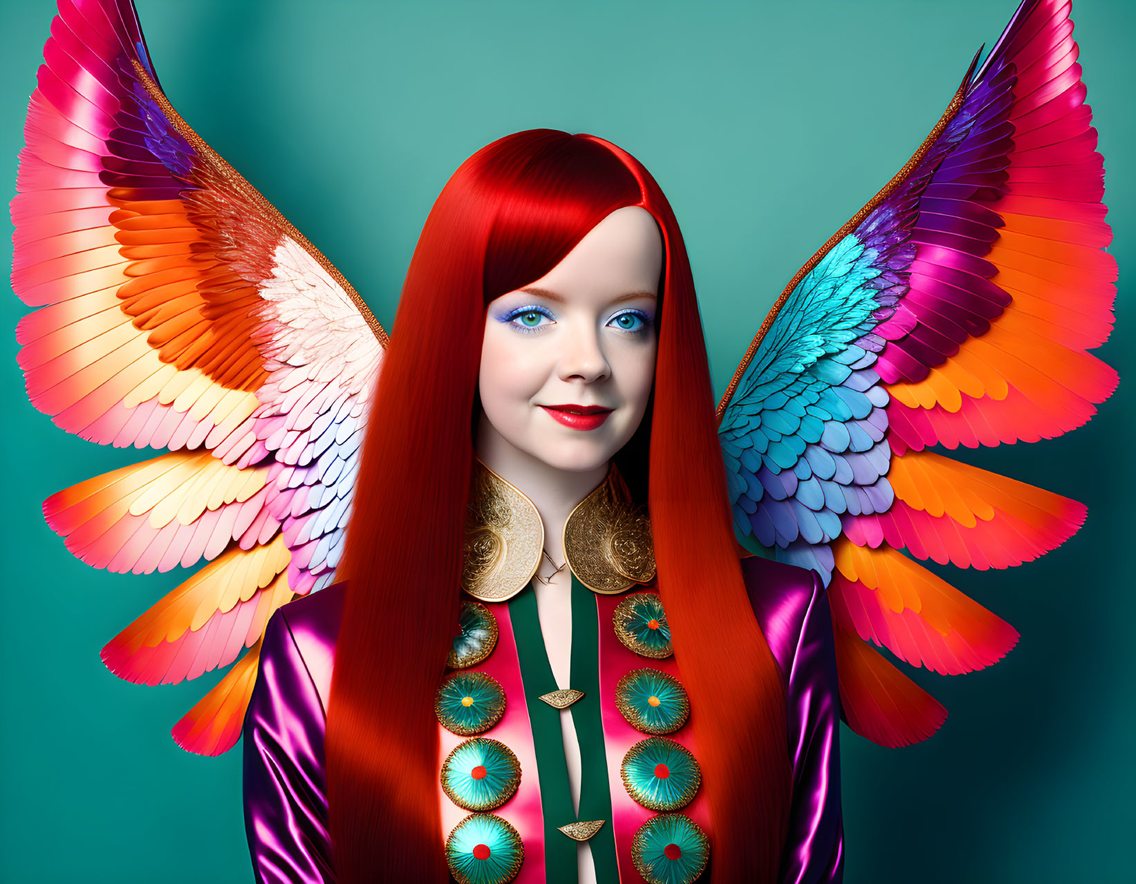 Vibrant portrait of a woman with red hair, blue eyes, gold jewelry, and colorful wings