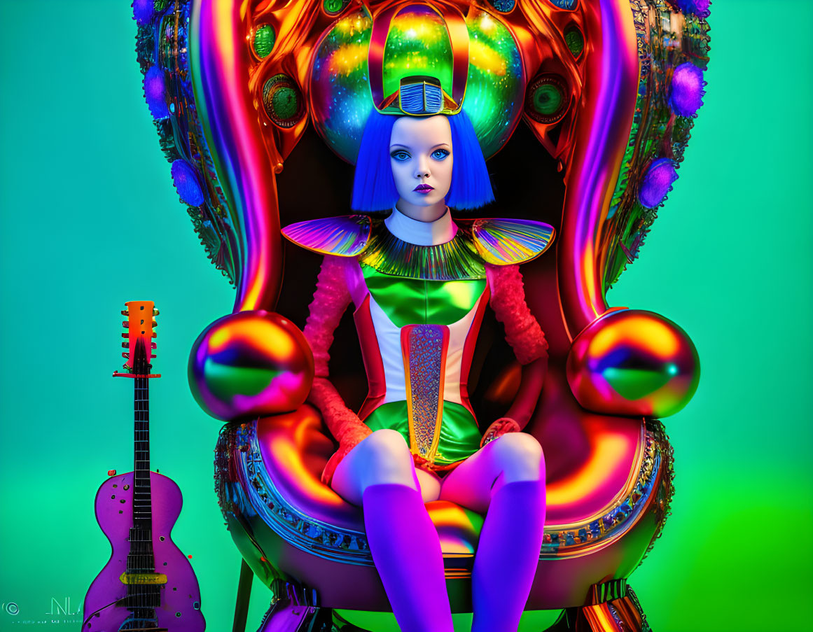 Colorful digital artwork: Stylized female on throne with guitars & orbs