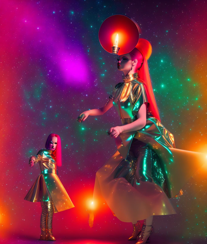 Futuristic women in metallic outfits with unique headwear on cosmic backdrop