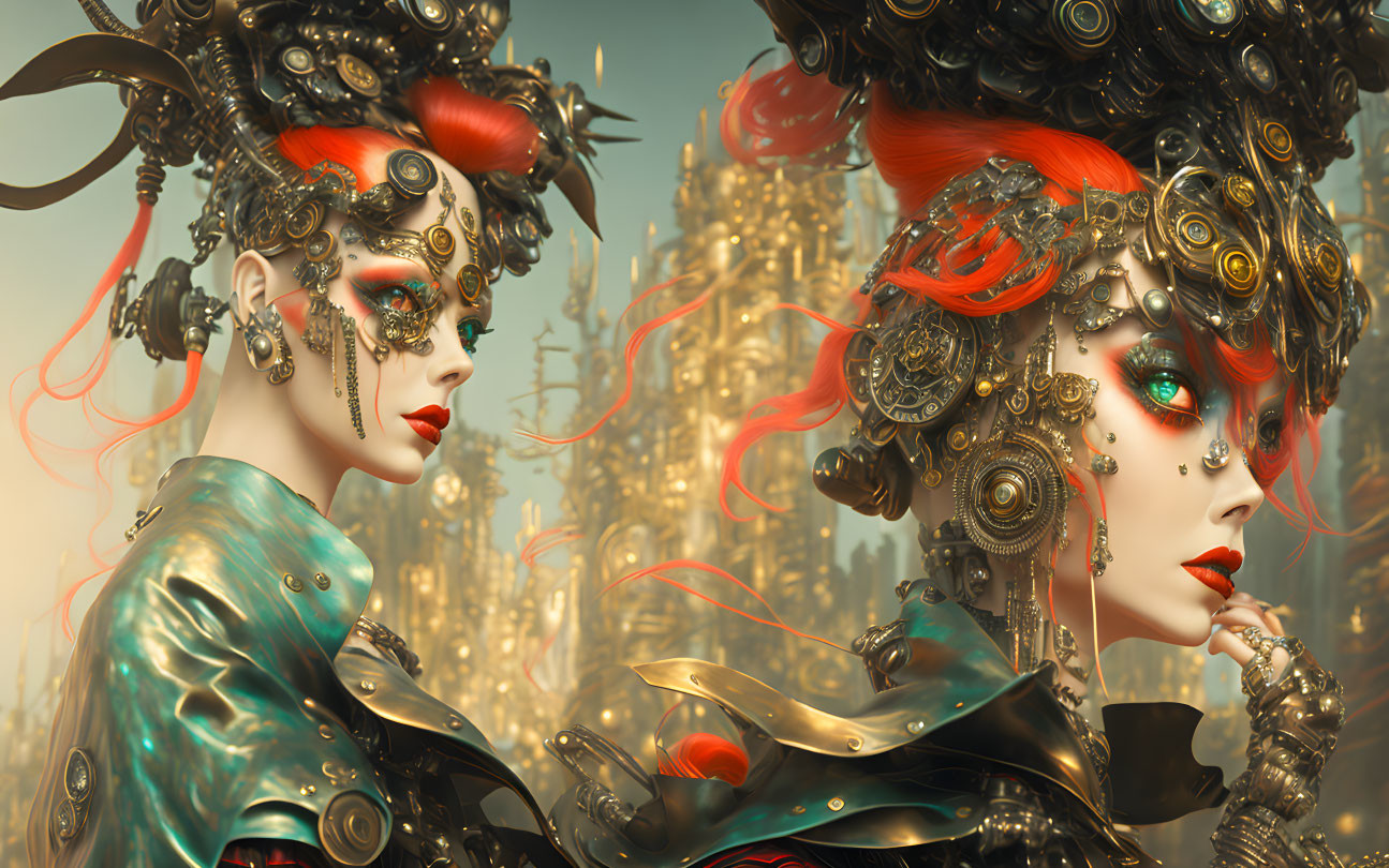 Futuristic women with red and black headpieces in mechanical cityscape