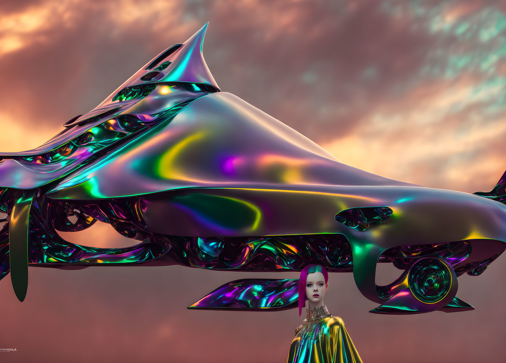 Iridescent futuristic car hovering over woman in golden dress