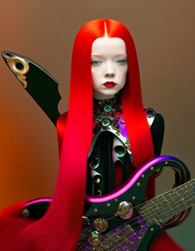 Digital Art: Female Figure with Red Hair and Multi-Neck Guitar on Warm Background