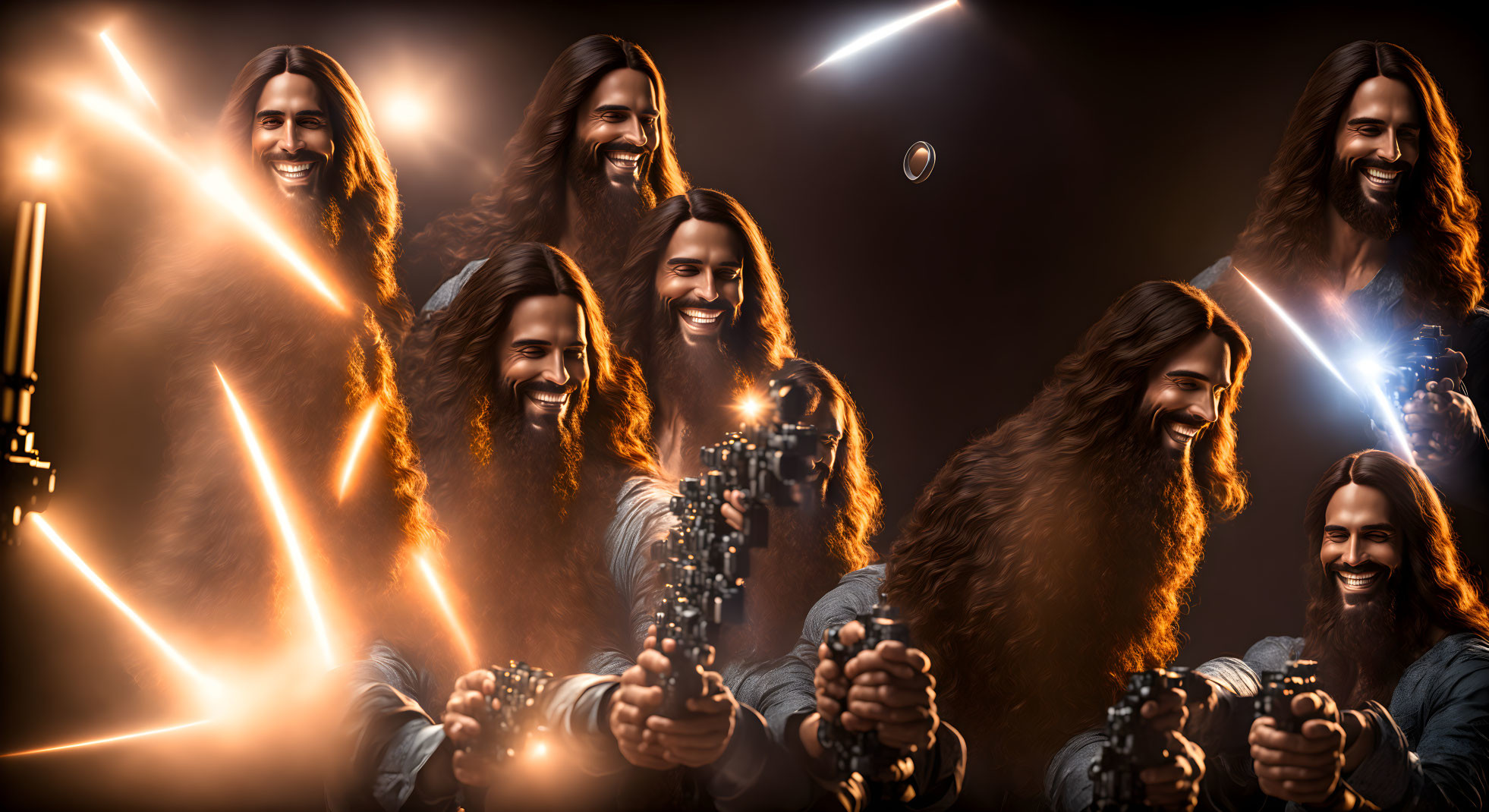 Smiling man with long hair and beard holding lightsaber in dramatic poses