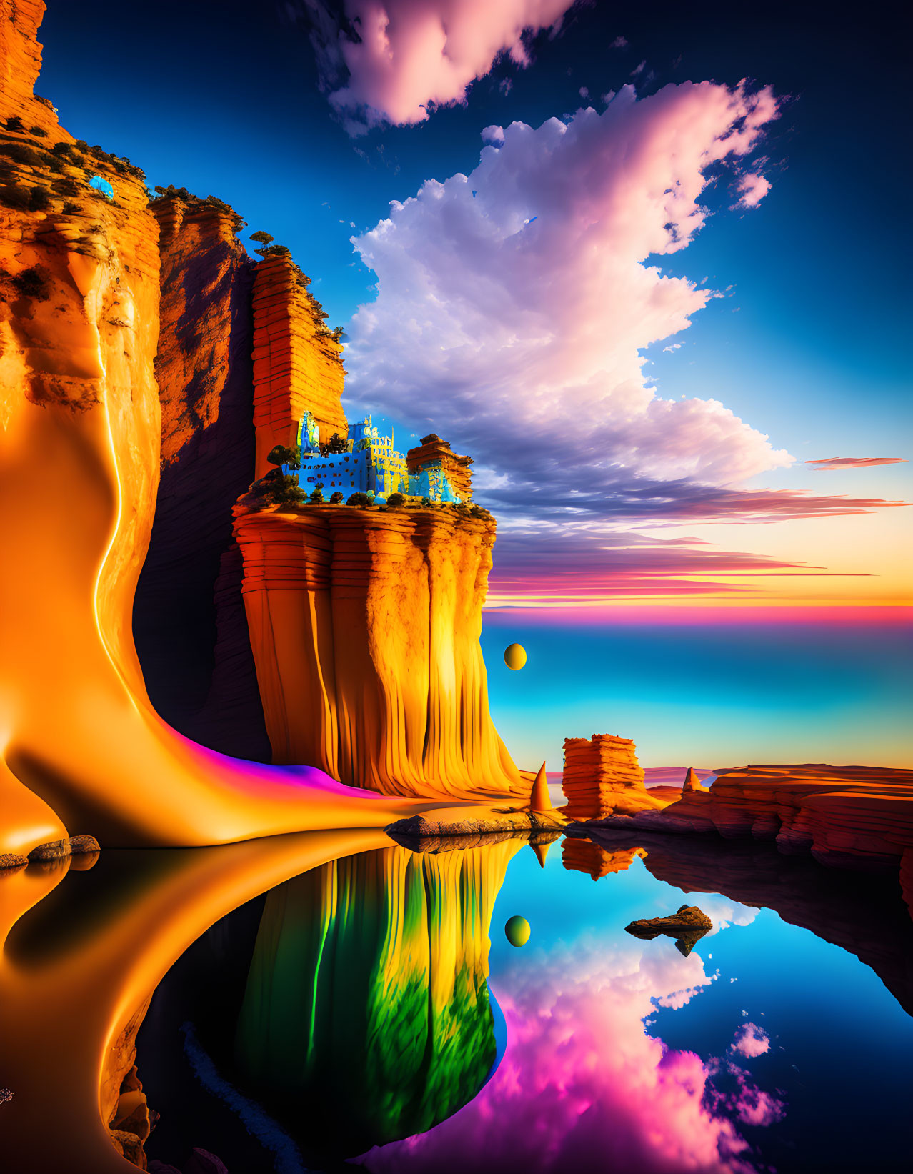 Vibrant cliffs, castle, lava falls, reflective water & colorful sunset in fantastical landscape