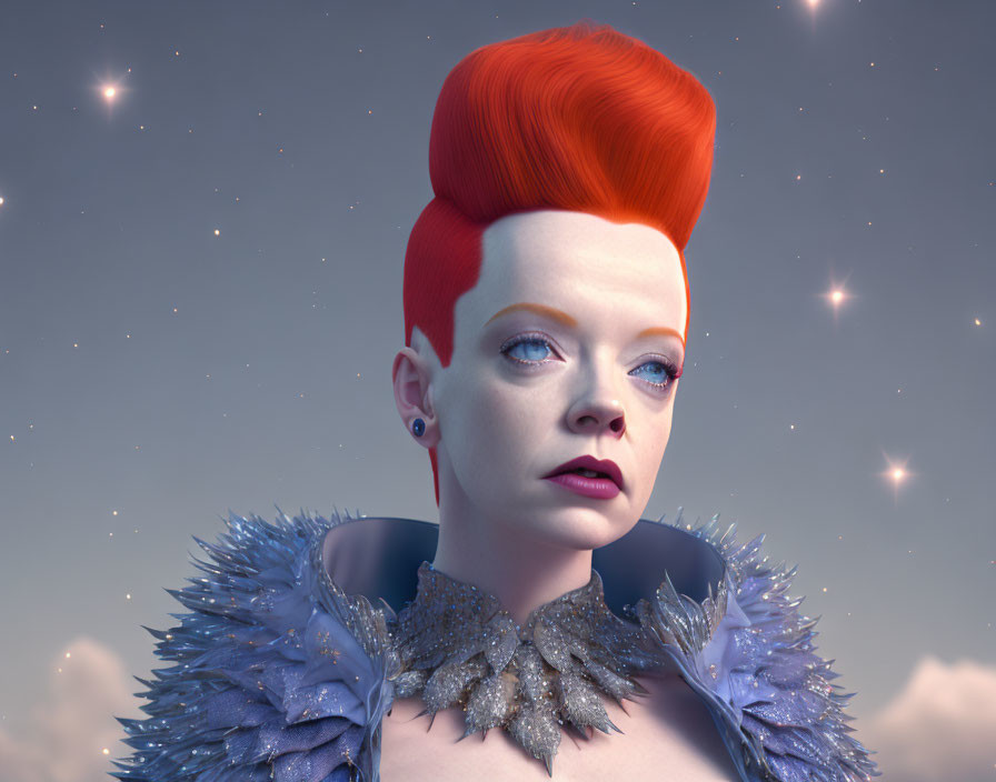 Striking 3D Rendered Woman with Red Pompadour Hairstyle and Blue Feathers on