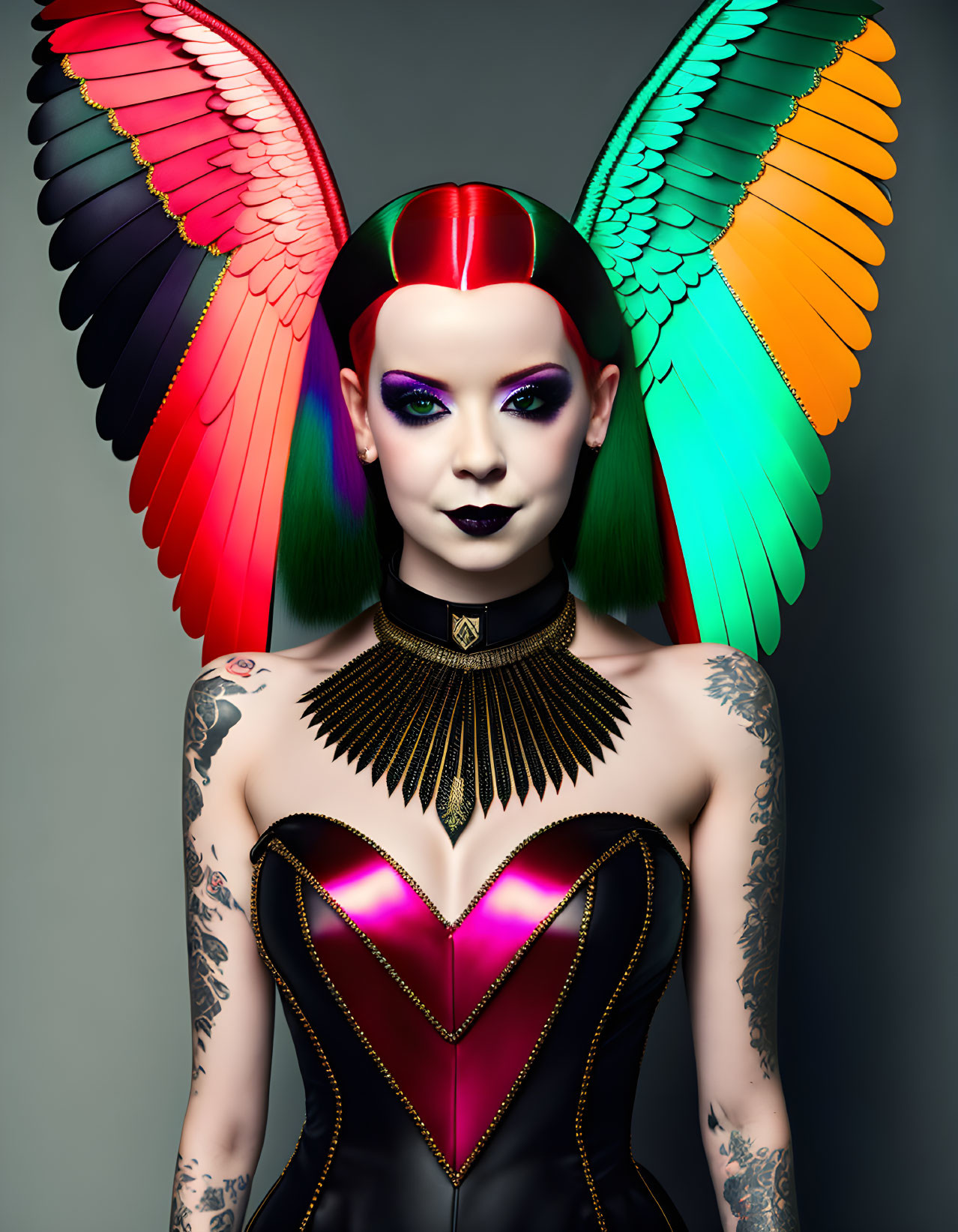 Colorful Winged Person with Heart Corset & Tattoos
