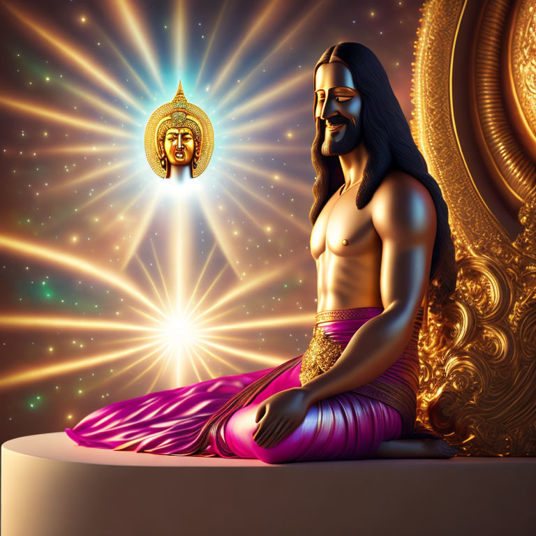 Man with long hair and beard meditates in pink dhoti with cosmic background and golden Buddha head