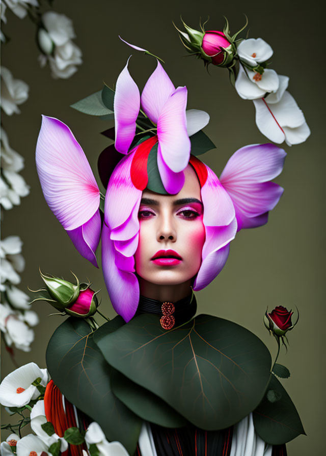 Woman with dramatic makeup in large pink flower petal headpiece amidst white flowers and red roses.