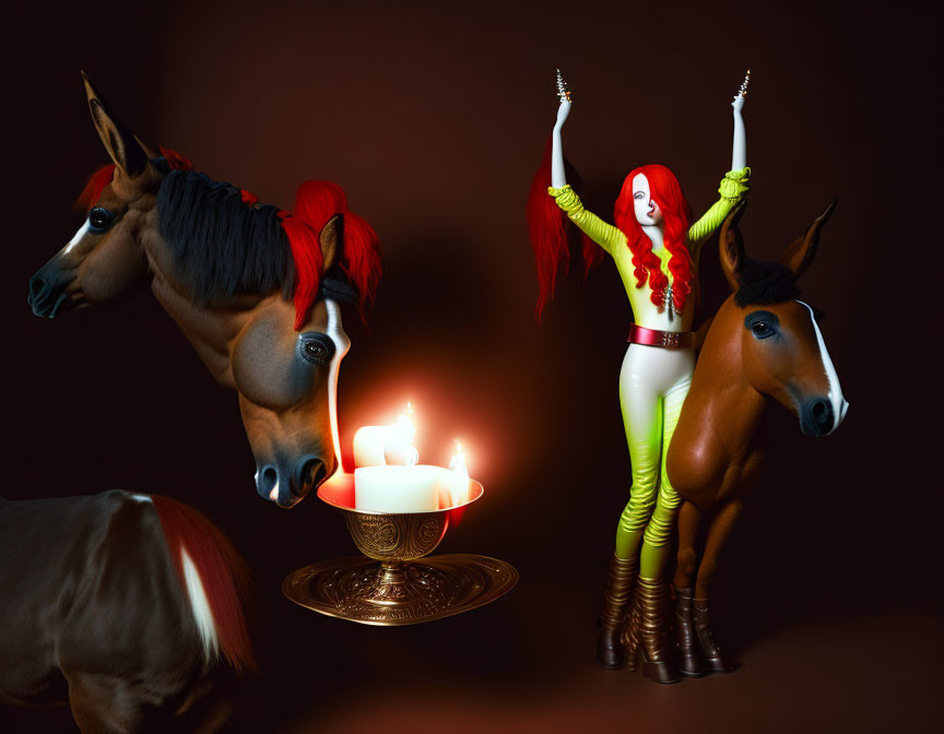 Surreal image: Two horses, woman with horse's backside, candle on plate, dark