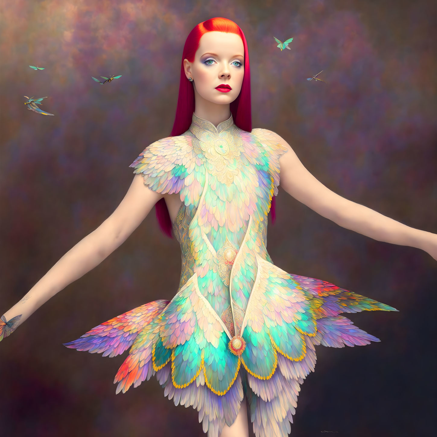 Red-haired woman in colorful feathered dress with butterflies on muted background