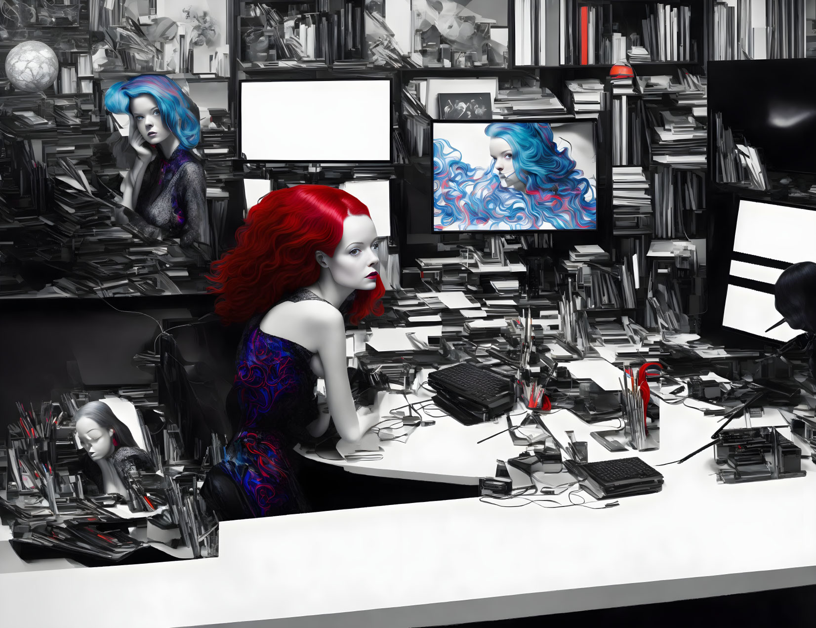 Red-haired woman at cluttered desk with surreal art screens