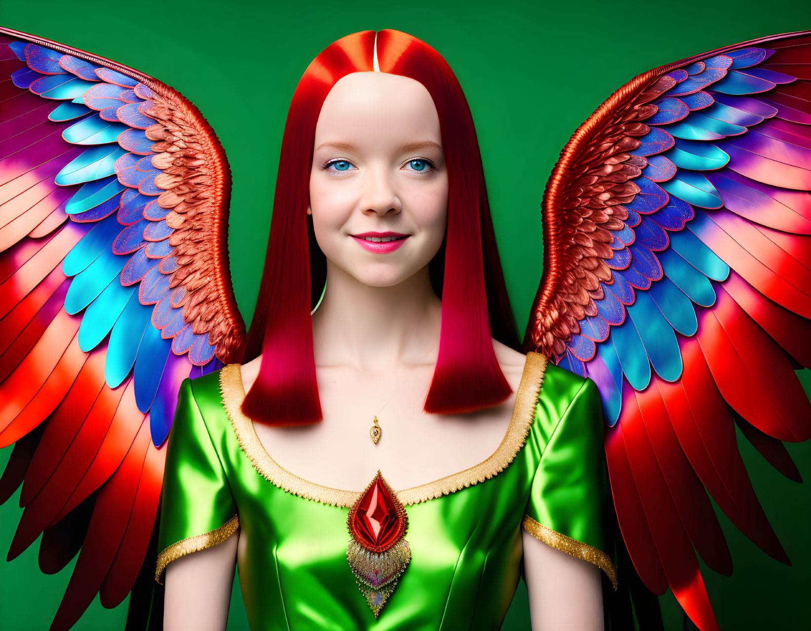 Colorful fantasy illustration of smiling woman with red hair and bird wings in green dress.