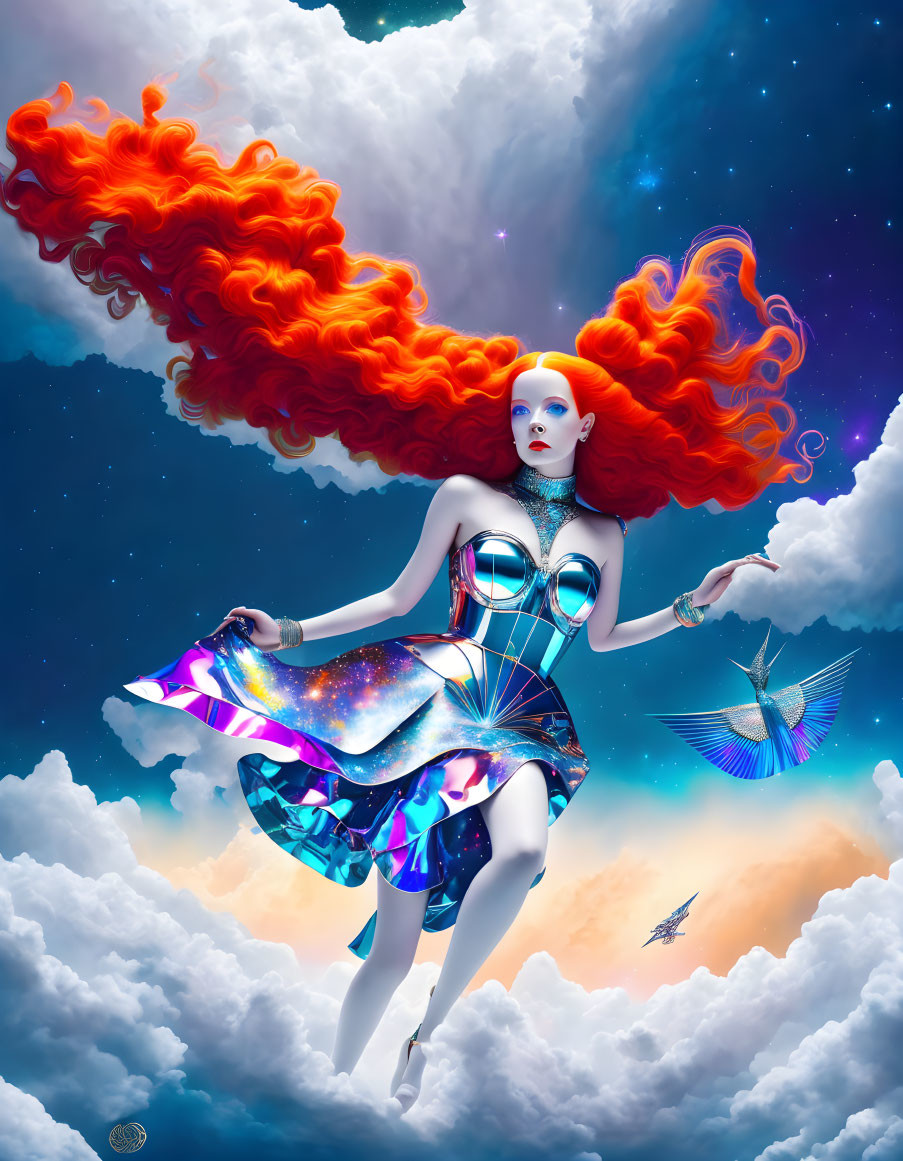 Surreal image: Woman with red hair, blue skin, futuristic dress, clouds, hummingbird