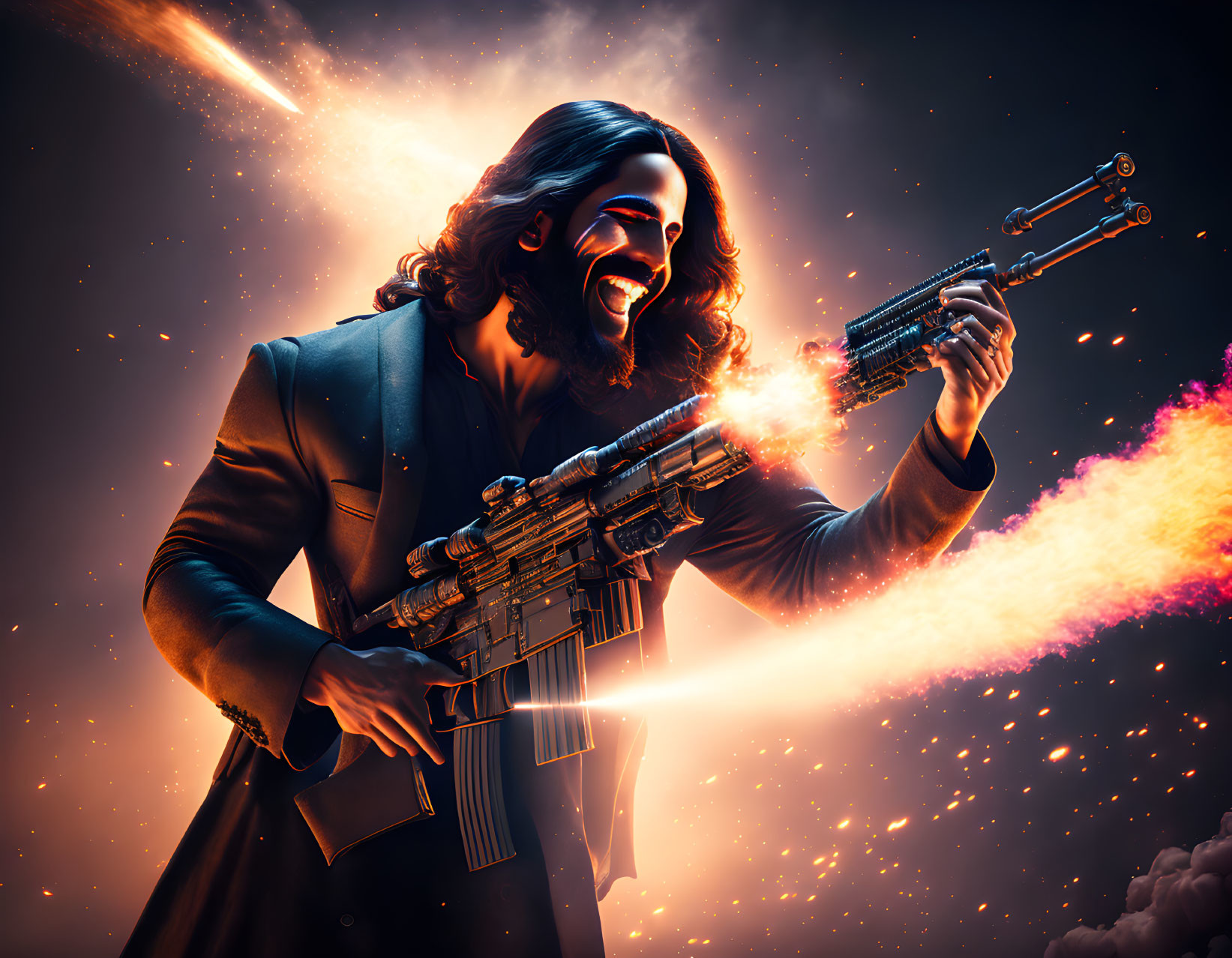 Stylized character with guns in cosmic scene with comet