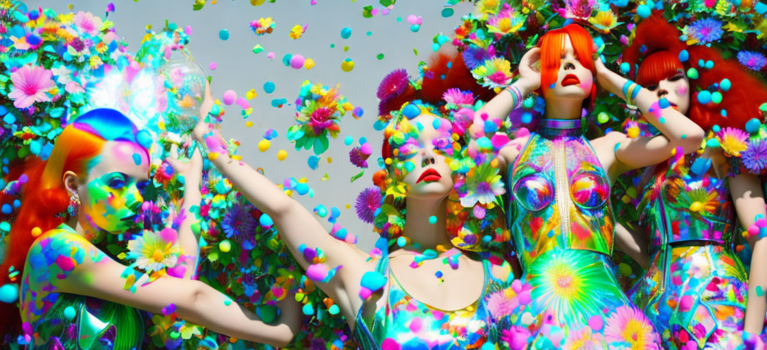 Colorful mannequins in surreal floral explosion