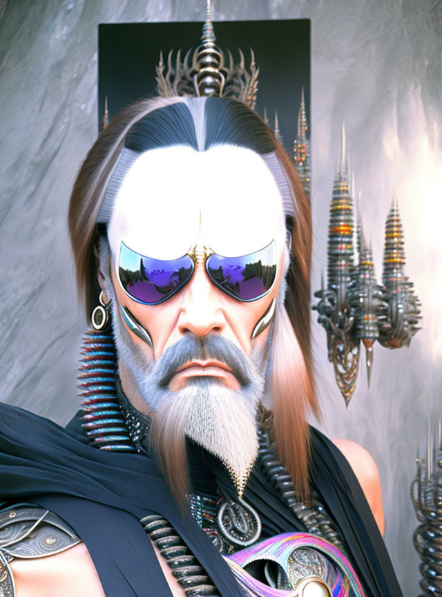 Male Figure in Sci-Fi Armor with Long Hair and Purple Sunglasses in Futuristic Setting