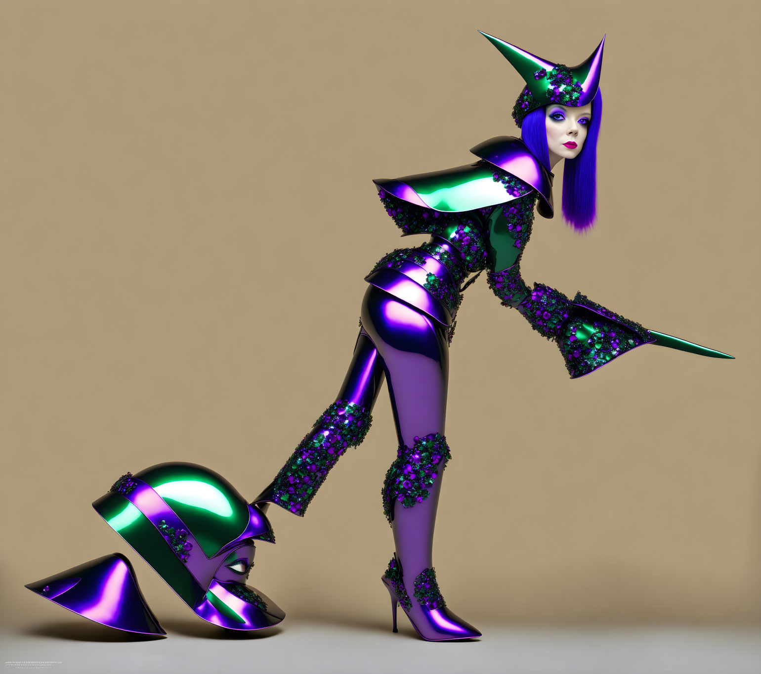 Futuristic female character in purple and green costume with high heels