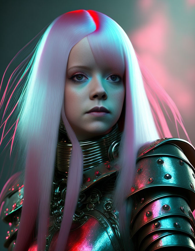 Character with Multicolored Hair in Futuristic Armor on Neon-lit Background