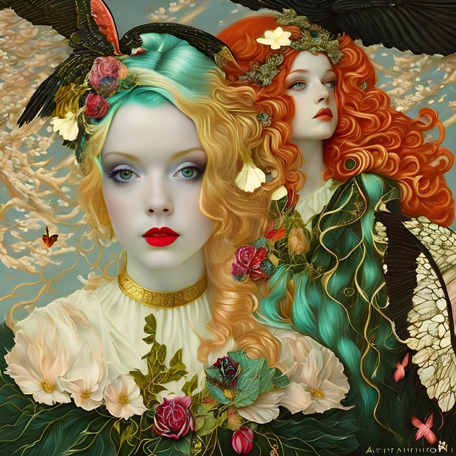 Surreal red-haired female figures in nature-inspired attire on golden backdrop