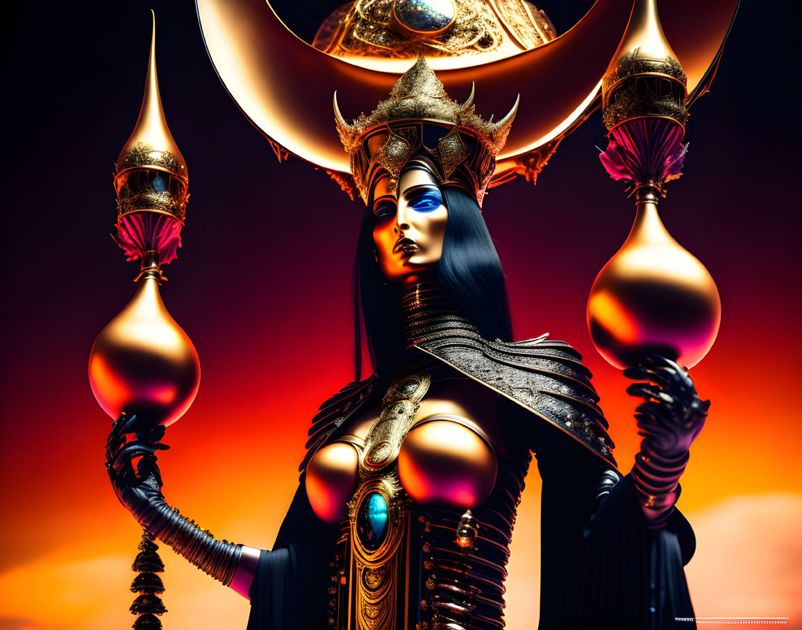 Stylized female figure with dark blue skin and ornate headdress holding lamp-like objects