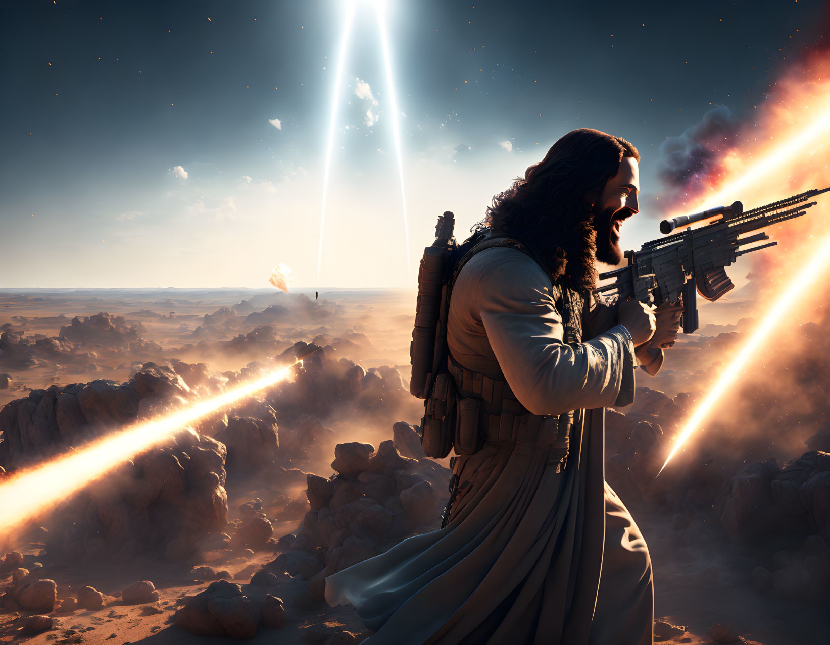 Futuristic scene: Figure in white robe with rifle in rocky desert observing distant explosion near spacecraft