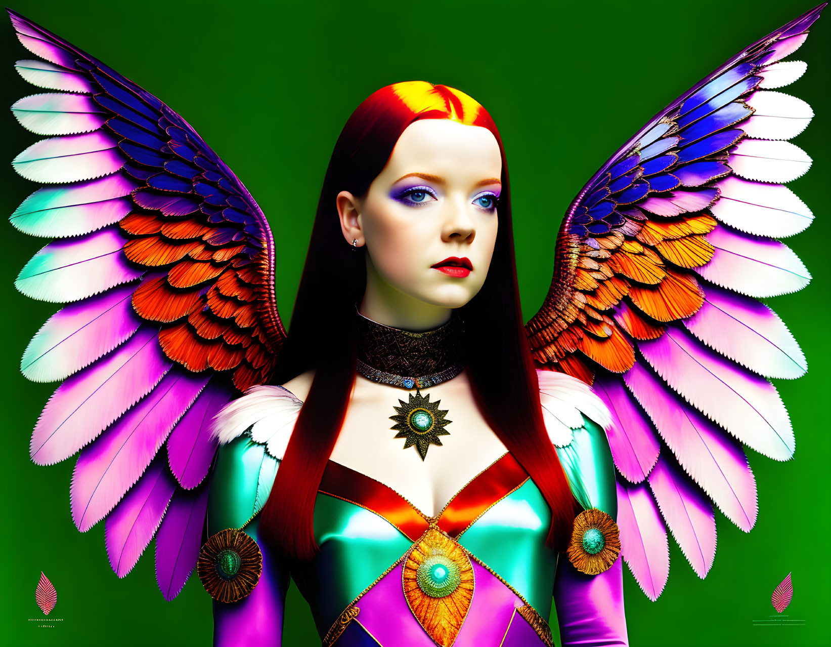 Colorful woman with rainbow hair, choker, and bird wings on green background