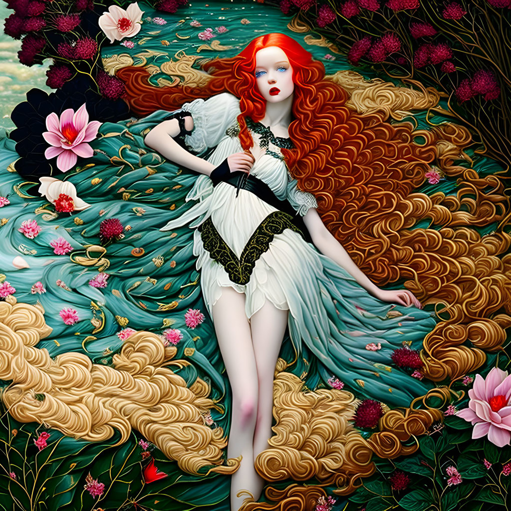 Illustration of woman with red hair reclining on golden waves among lotus flowers