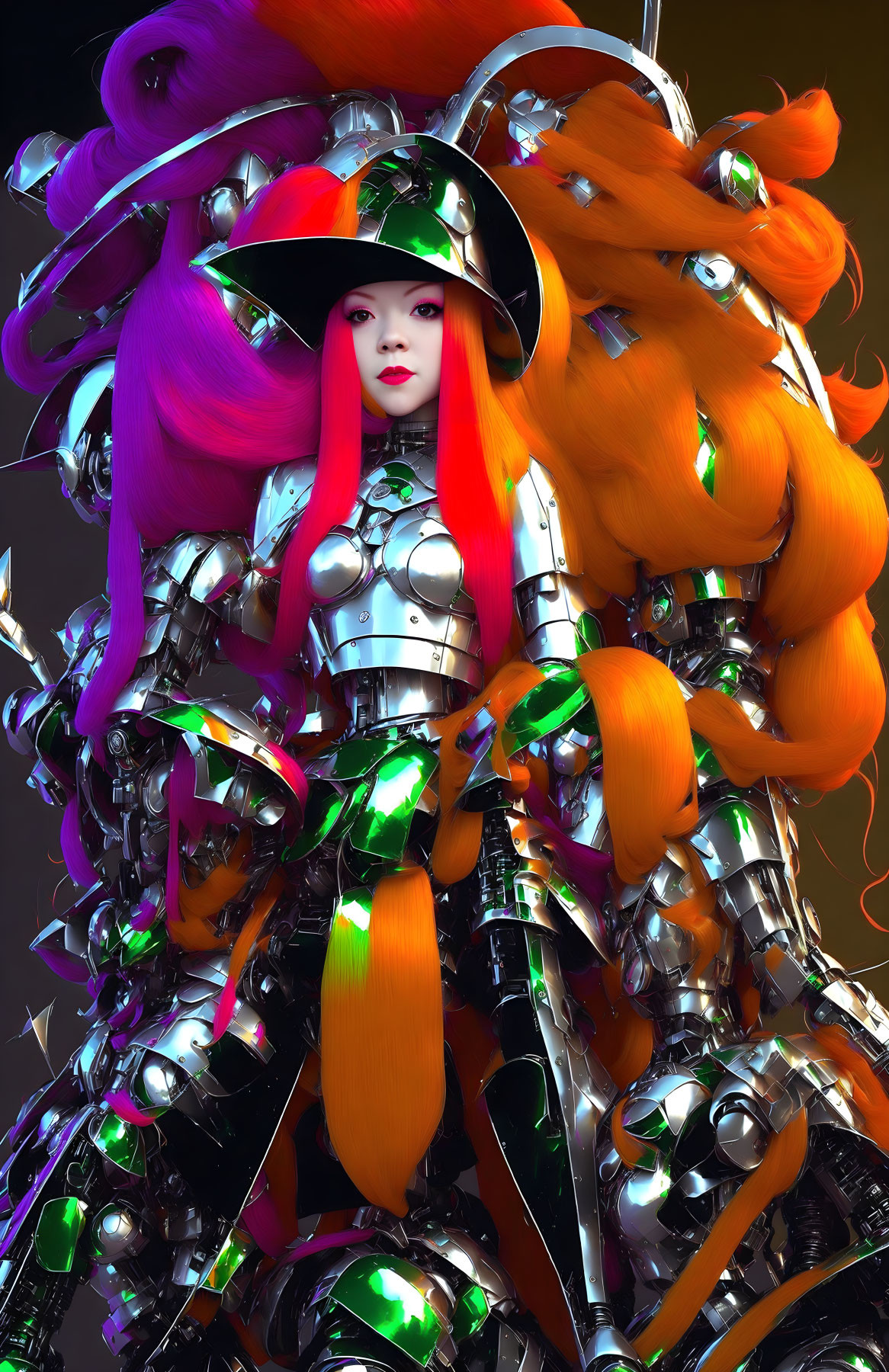 Colorful digital art: character with orange hair, purple highlights, futuristic silver armor.