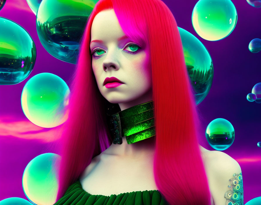 Vibrant portrait of woman with red hair, green eye shadow, and bubbles on purple background