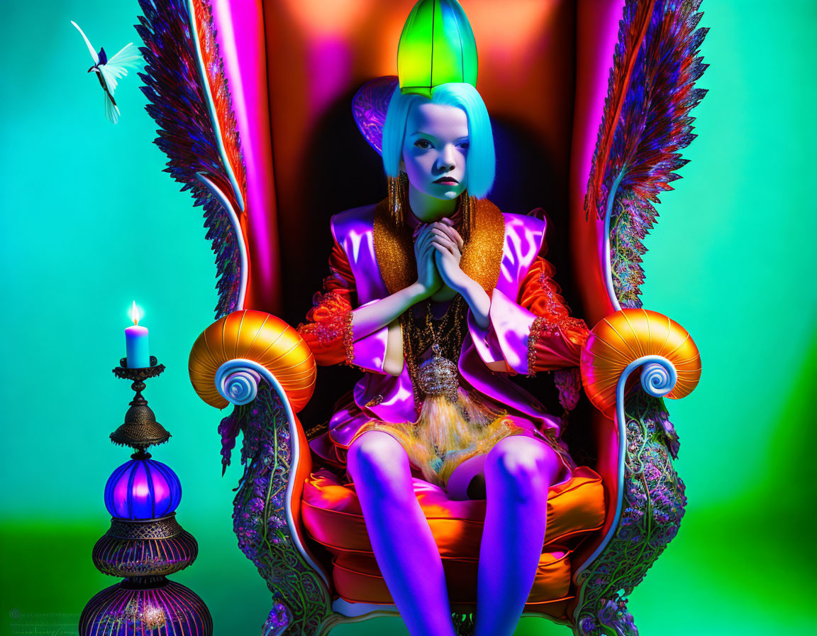 Vibrant Artistic Image: Person in Elaborate Clothing on Throne Chair