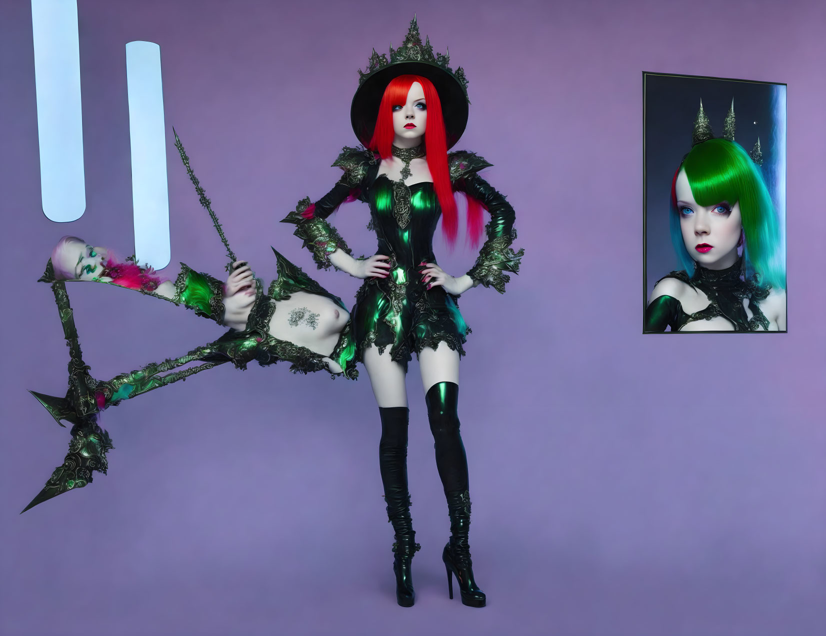 Stylized female character with red hair and scythe in gothic outfit