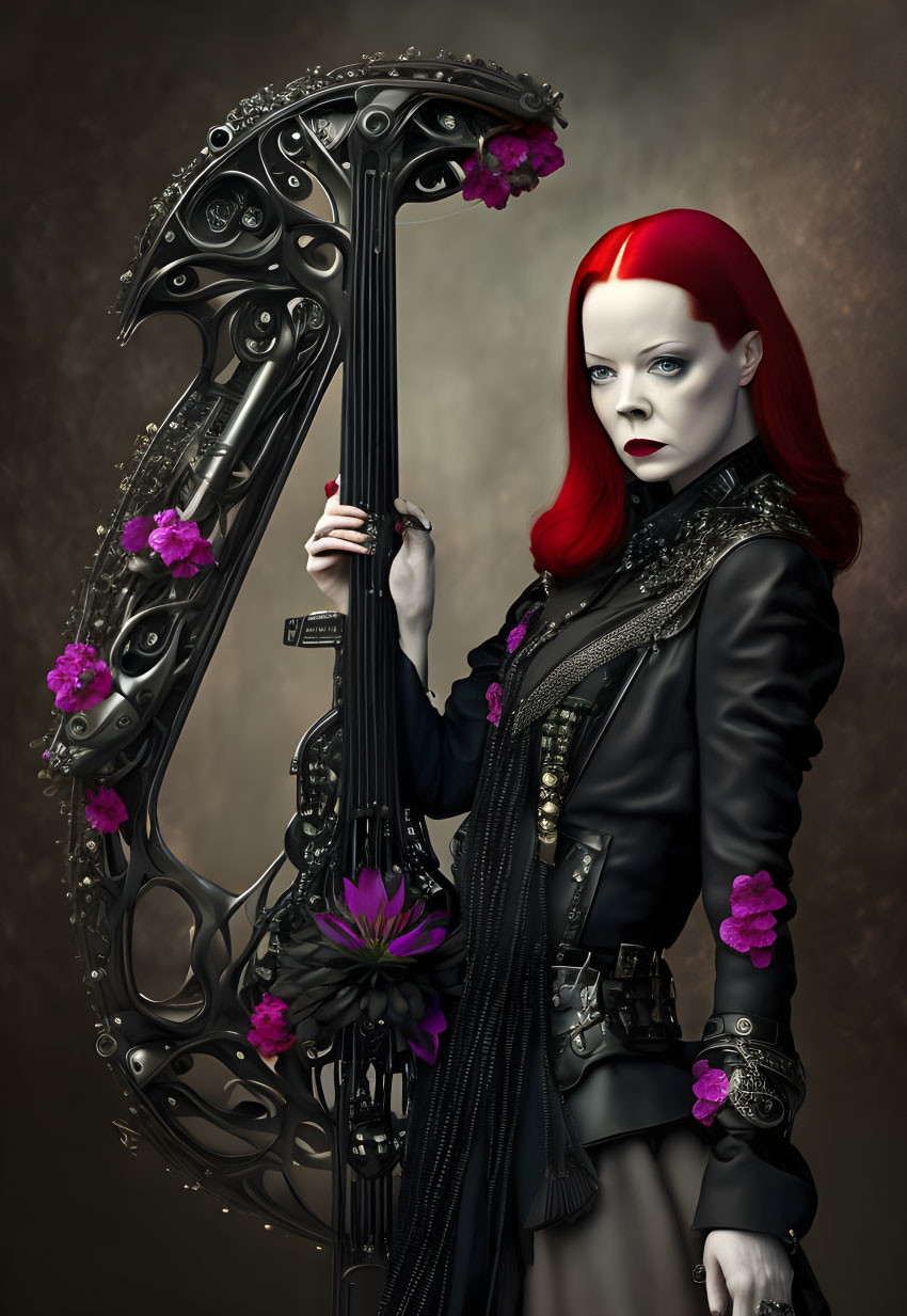 Red-haired woman in gothic attire plays ornate cello with purple flowers in moody setting